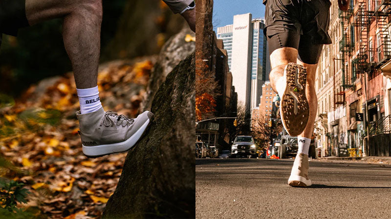 two images of people wearing Mount to Coast H1 Believe in the Run Edition in both naturalistic and urban environments