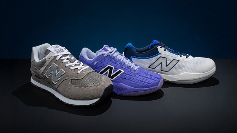 Three New Balance Shoes: a gray running shoe, a purple tennis shoe, and a blue and white pickleball shoe on a dark background