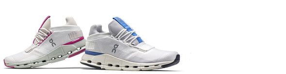 on cloudnova running shoes on white background