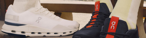 A pair of runners wearing On Cloudnova Form running shoes on a park bench.