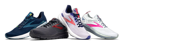 Brooks Launch GTS 8, Addiction 14, Launch 8 and Ricochet 3 running shoes displayed on a clean white background.