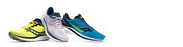 Saucony Ride 14, Guide 14 and Kinvara 12 running shoes displayed on a clean white background.