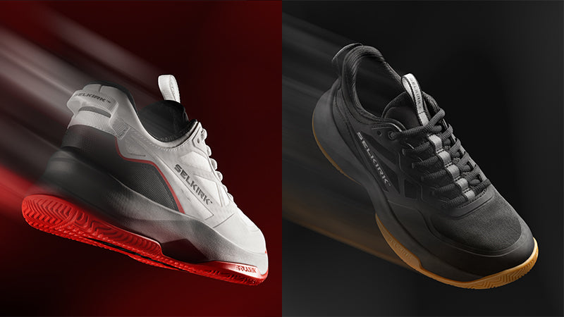 Two images of Selkirk CourtStrike Pro 3.0 pickleball shoes with a motion blur effect