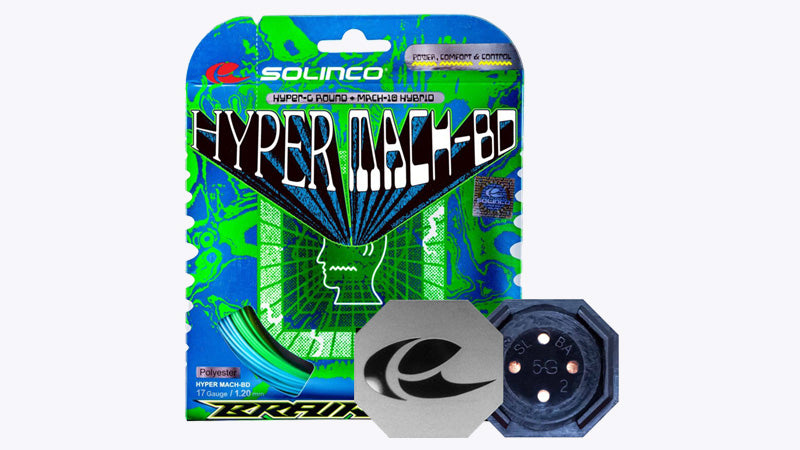 Solinco Hyper Mach-BD tennis string package with racquet butt-caps displayed in front on a white background