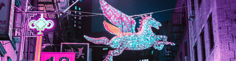 Rainbow Pegasus lights in city