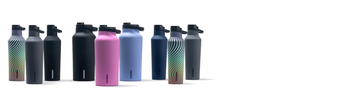 A collection of colorful metal canteens and jugs by Corkcicle on a clean white background.