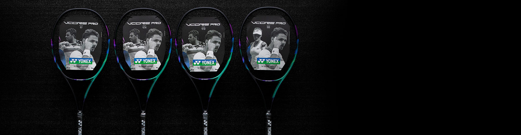 Four Yonex VCORE Green and Purple tennis racquets standing against a dark background