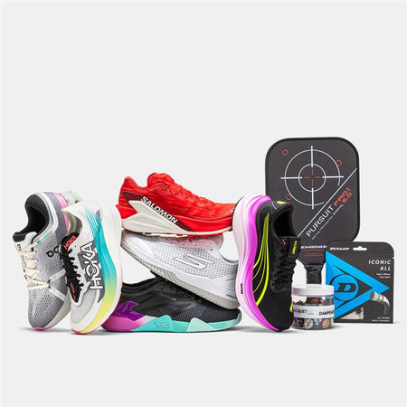 Colorful athletic shoes and related products on a white background