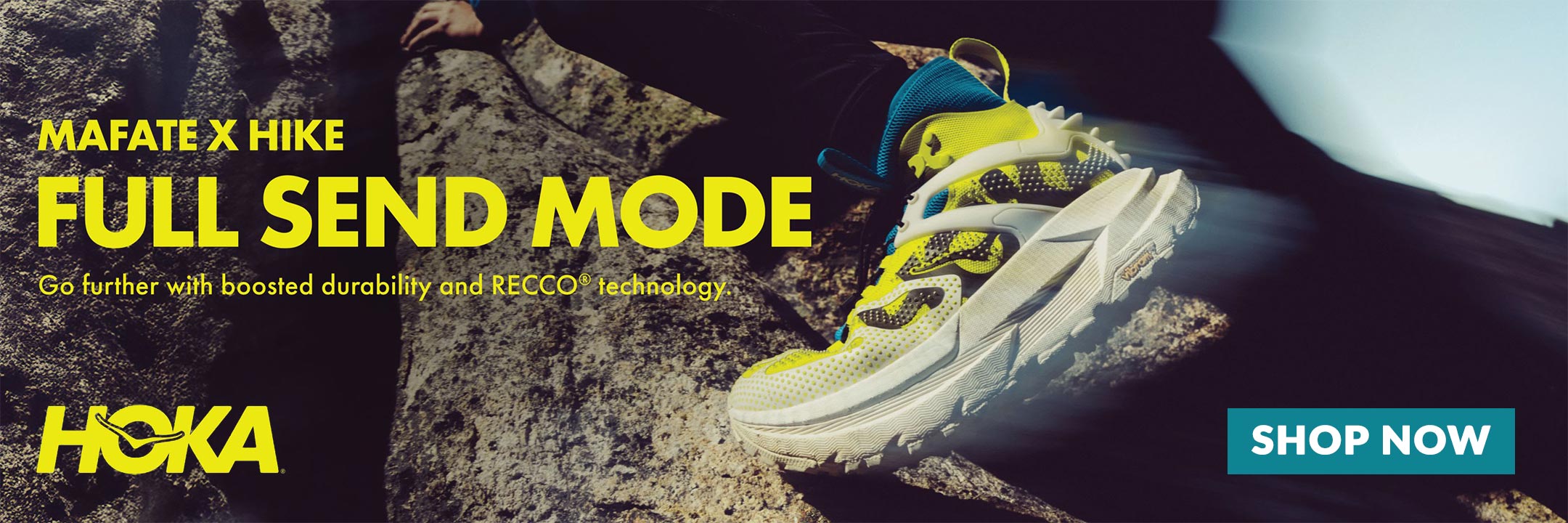 Person climbing a mountain with Hoka Mafate X Hike shoes, promotional text on a blue background
