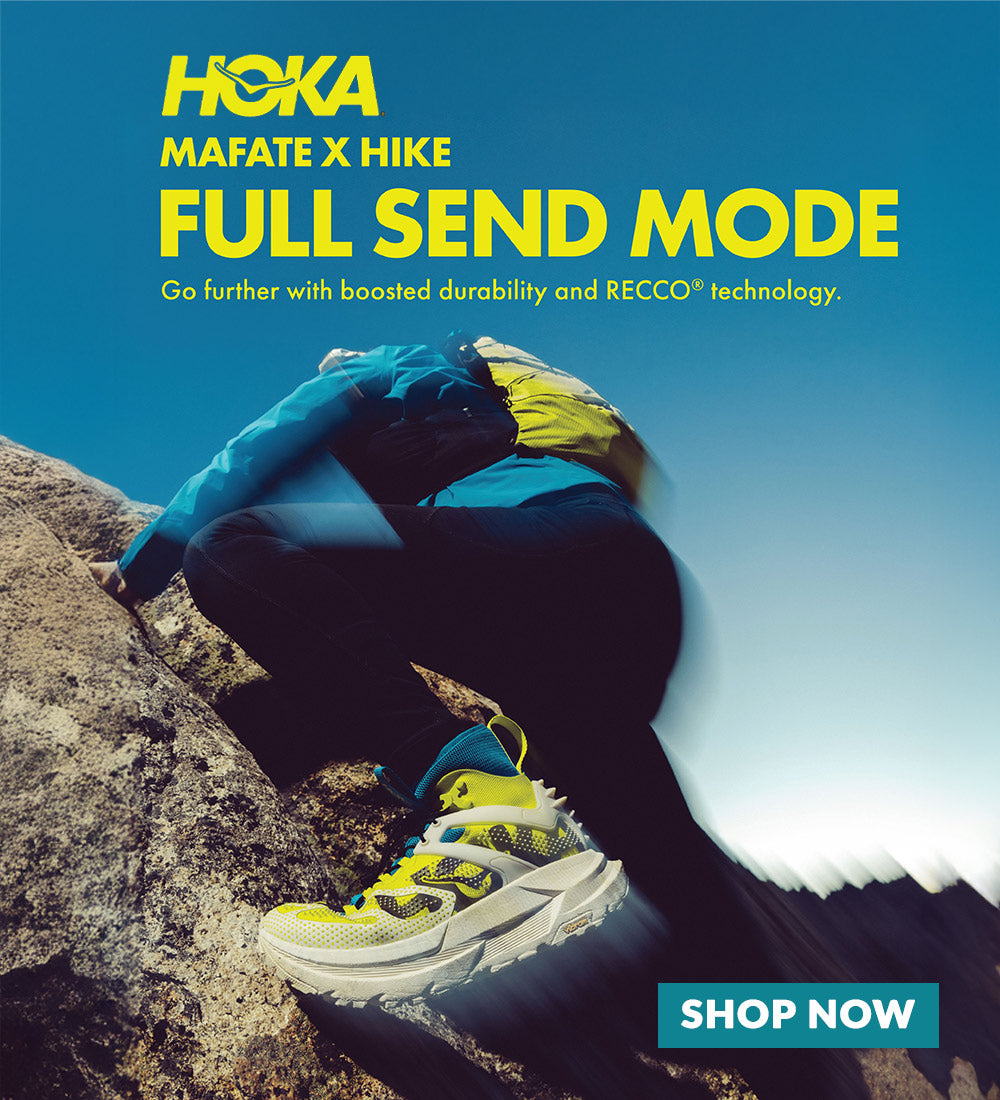 Person climbing a mountain with Hoka Mafate X Hike shoes, promotional text on a blue background
