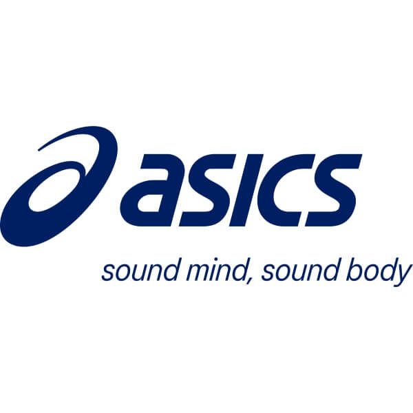 ASICS logo with tagline 'sound mind, sound body' on a white background