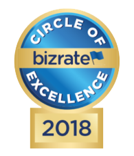 A badge designating the recipient as a 2018 Bizrate Circle of Excellence Award® winner, featuring a distinctive emblem to recognize excellence in customer satisfaction.