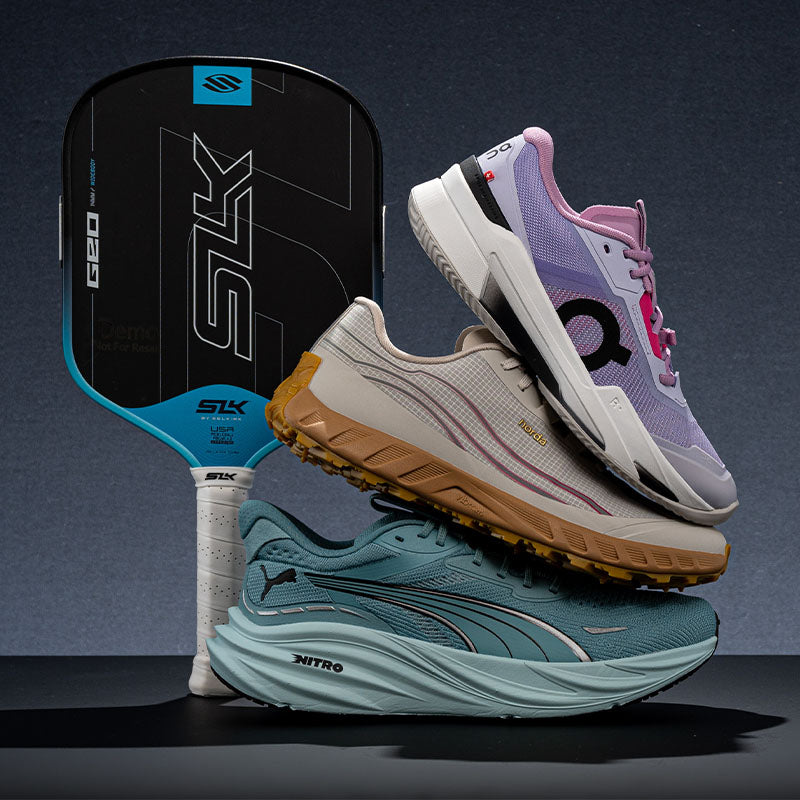 A stacked product display featuring a pickleball paddle and three athletic shoes on a dark studio background.
