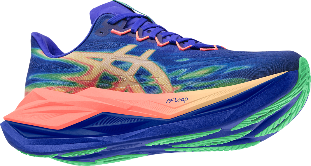 Purple ASICS Superblast 3 running shoe with pink, yellow and green accents on a white background