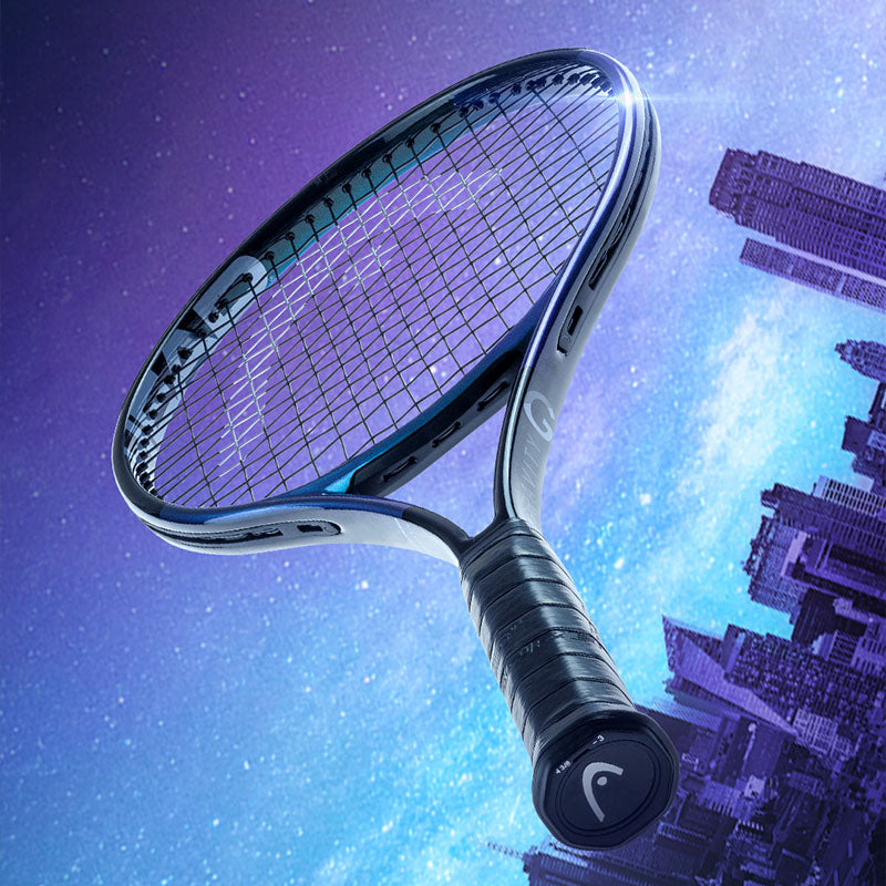 HEAD Gravity 2025 tennis racquet against a heavily stylized cityscape background