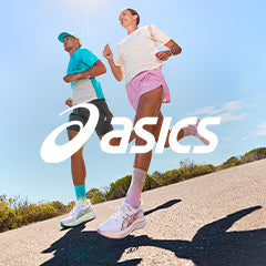 Two people running on a road with the ASICS logo overlayed.