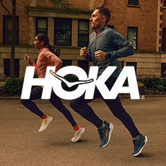 Image of two people running outdoors overlayed with a HOKA logo