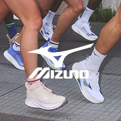 Close-up of runners wearing Mizuno Neo Zen 2 running shoes overlayed with a white Mizuno logo