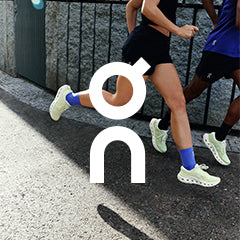 Two runners on a road wearing On Cloudrunner 3 shoes with 'On' brand logo overlay
