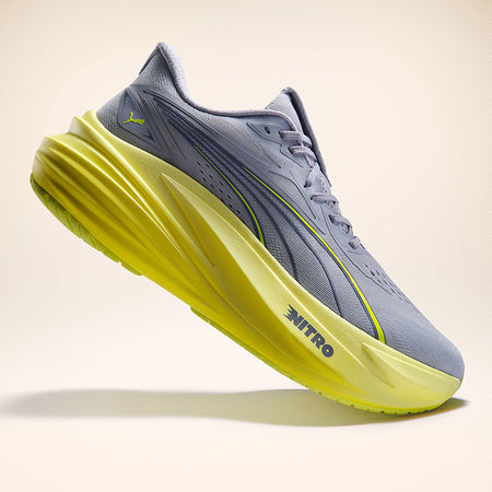 A gray and yellow Puma MagMax NITRO 2 running shoe on a light background