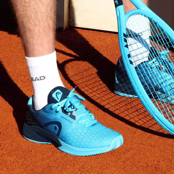 Blue tennis shoes and blue racquet