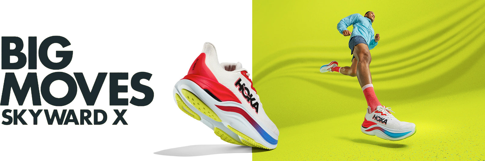 An image featuring the HOKA Skyward X shoe overlaid on a picture of a man running, with a vibrant background. Text overlay reads 'Big Moves Skyward X', highlighting the dynamic energy and performance of the shoe
