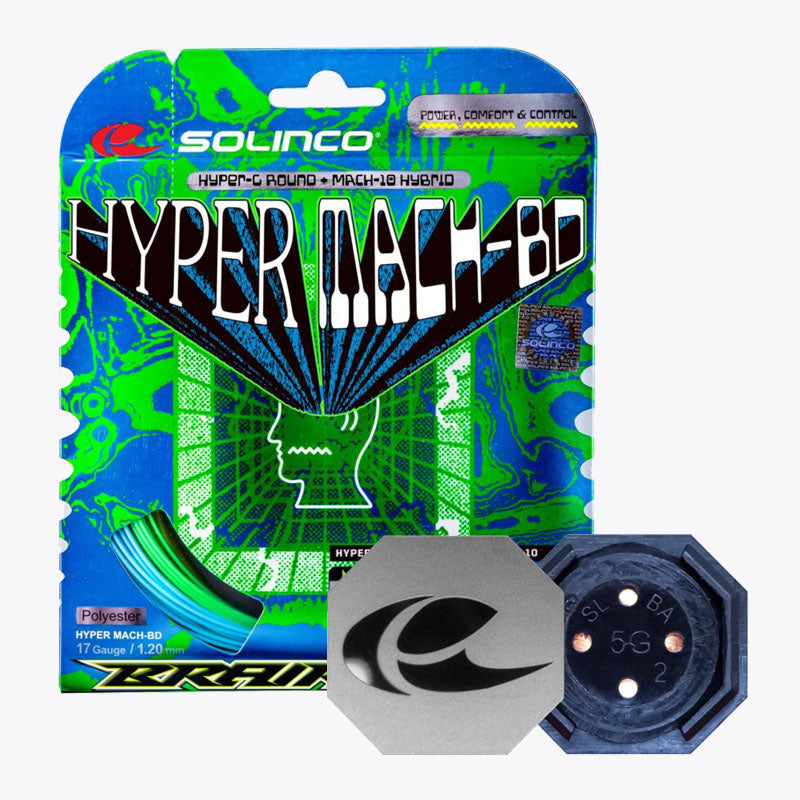 Solinco Hyper Mach-BD tennis string package with racquet butt-caps displayed in front on a white background