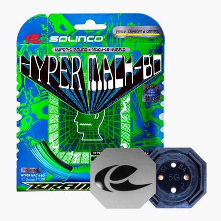 Solinco Hyper Mach-BD tennis string package with racquet butt-caps displayed in front on a white background