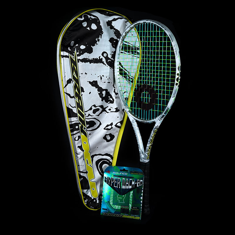 Solinco x Braindead Collab tennis racquet with a matching cover and tennis string on a black background.