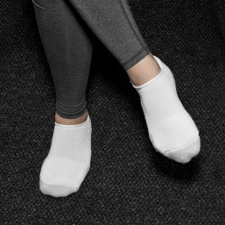 Closeup of a seated person wearing Thorlo tennis socks.