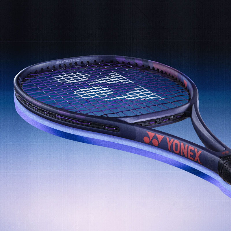 Yonex Percept Midnight Navy tennis racquet on a gradient blue background