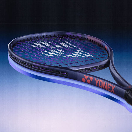 Yonex Percept Midnight Navy tennis racquet on a gradient blue background
